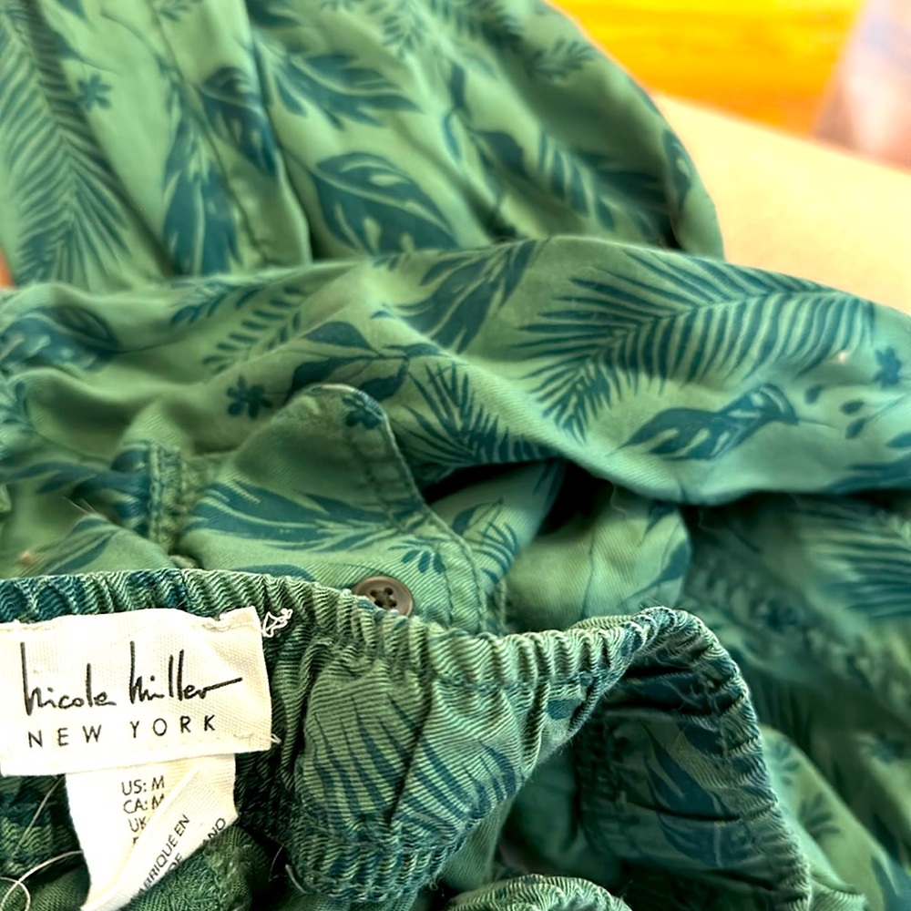 Nicole Miller Joggers Designer Green Leaf Print Pants Pockets M 100% Lyocell HTF - Picture 4 of 5